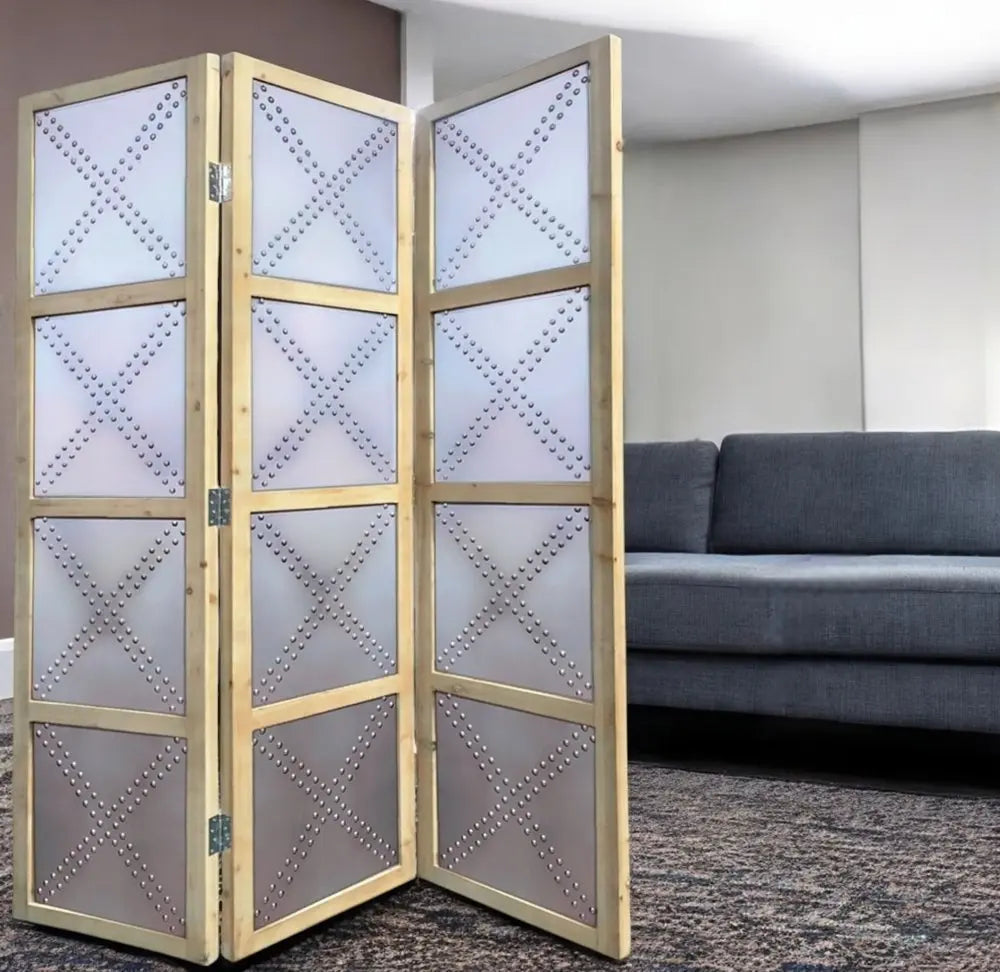 84" Silver Folding Three Panel Screen Room Divider - NOBLE HOME INTERIORS
