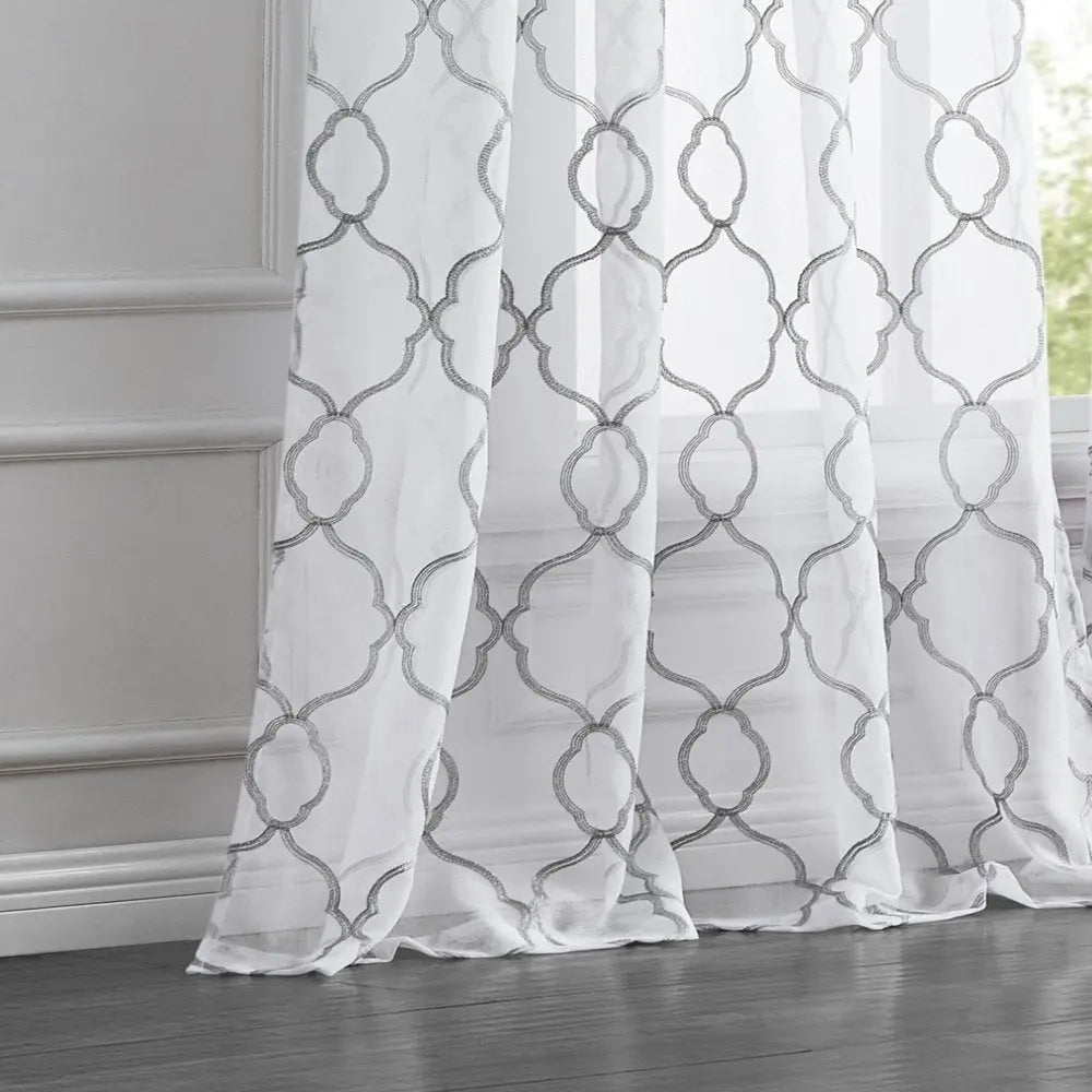84” Silver Trellis Pattern Embroidered Window Curtain Panel HomeRoots