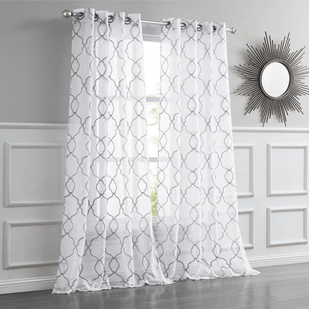 84” Silver Trellis Pattern Embroidered Window Curtain Panel HomeRoots
