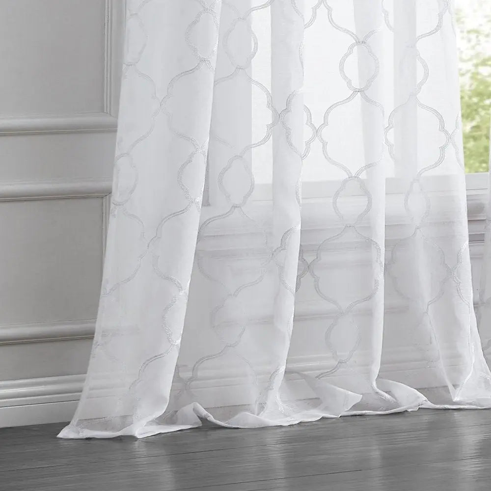 84” White Trellis Pattern Embroidered Window Curtain Panel - NOBLE HOME INTERIORS