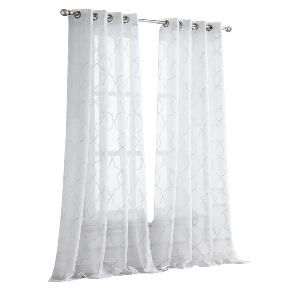 84” White Trellis Pattern Embroidered Window Curtain Panel - NOBLE HOME INTERIORS