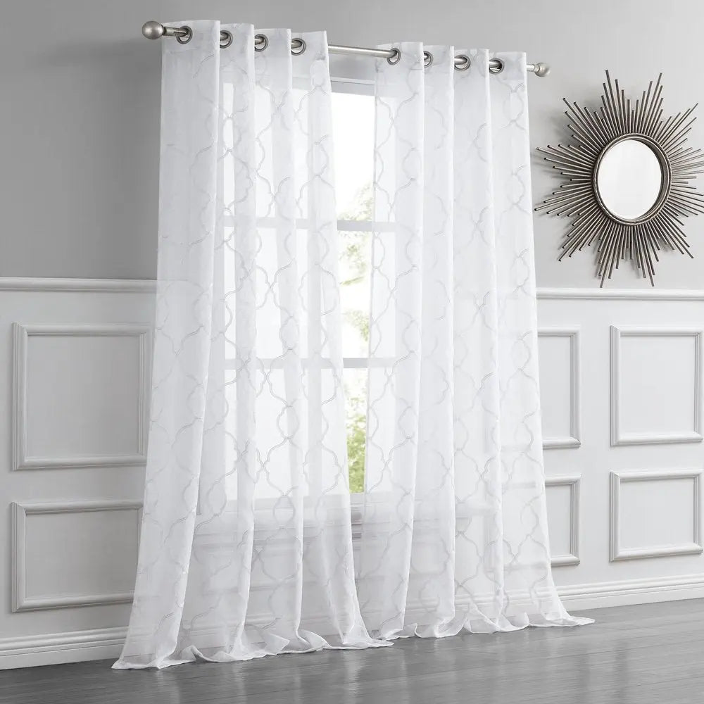 84” White Trellis Pattern Embroidered Window Curtain Panel - NOBLE HOME INTERIORS