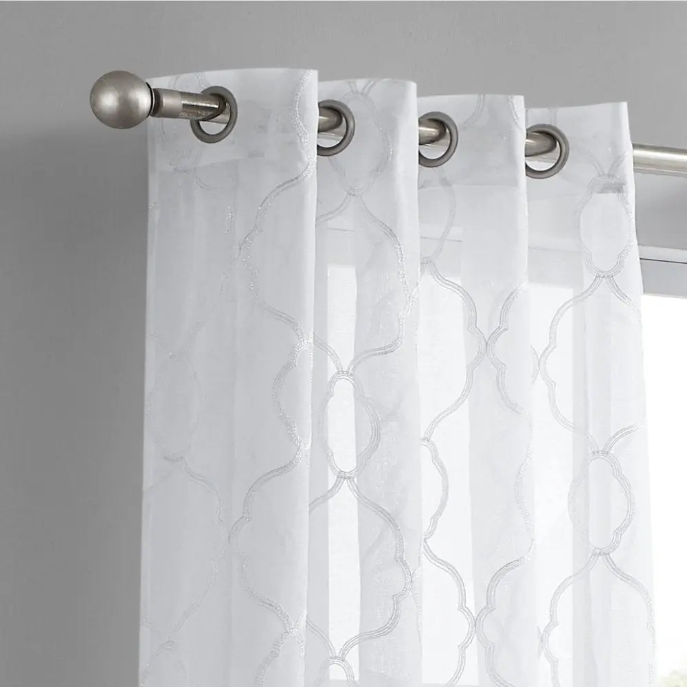 84” White Trellis Pattern Embroidered Window Curtain Panel - NOBLE HOME INTERIORS