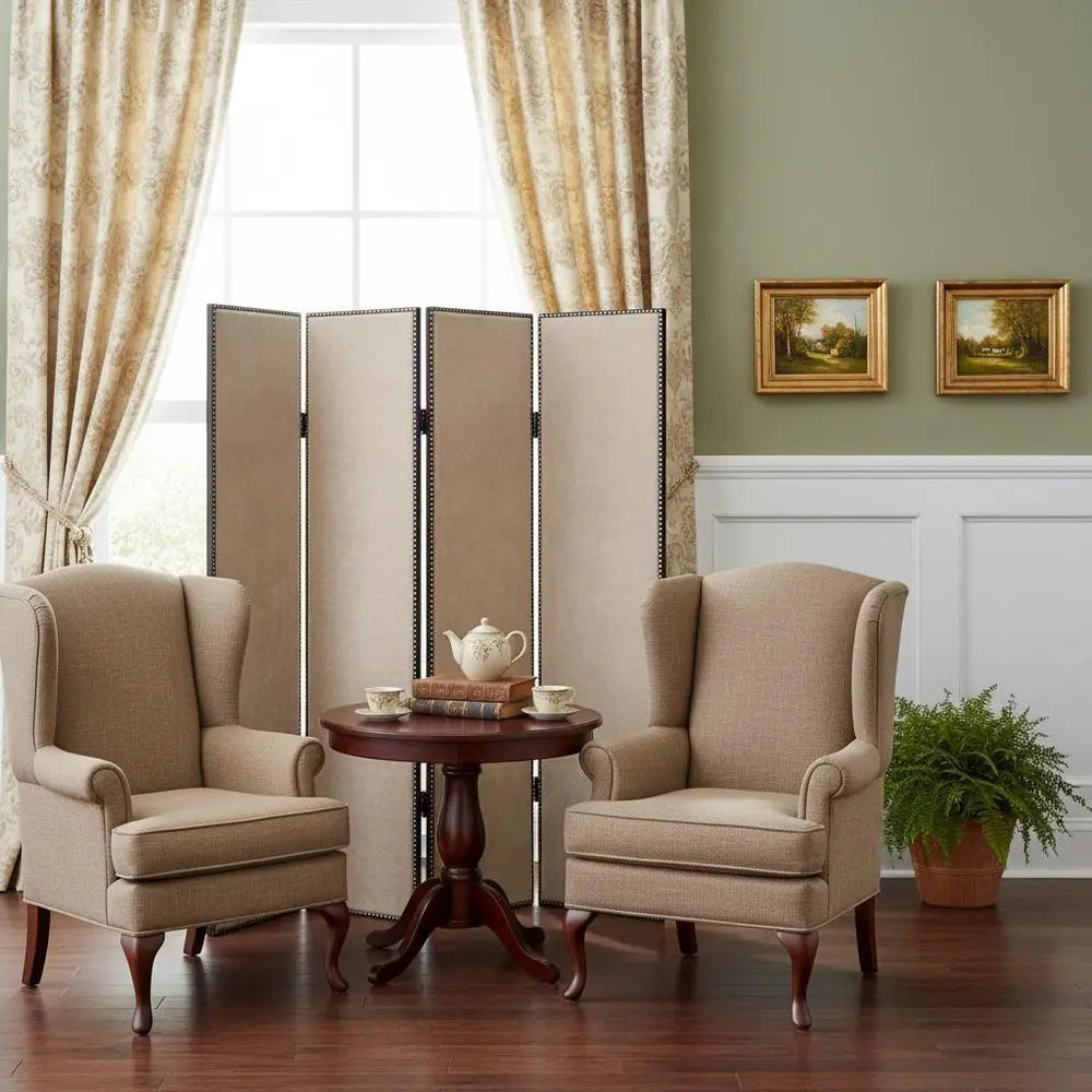 84 X 84 Tan Wood & Fabric Screen - NOBLE HOME INTERIORS