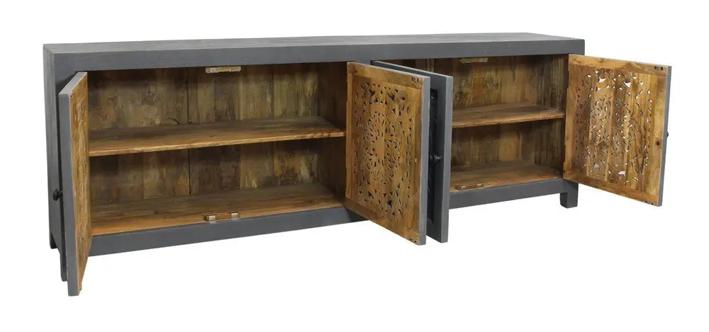 86" Dark Gray Carved Floral Distressed Solid Wood Enclosed Storage TV Stand - NOVA HOME FURNITURE