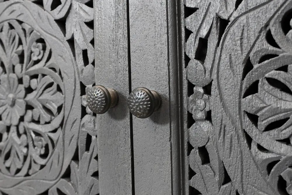 86" Dark Gray Carved Floral Distressed Solid Wood Enclosed Storage TV Stand - NOVA HOME FURNITURE