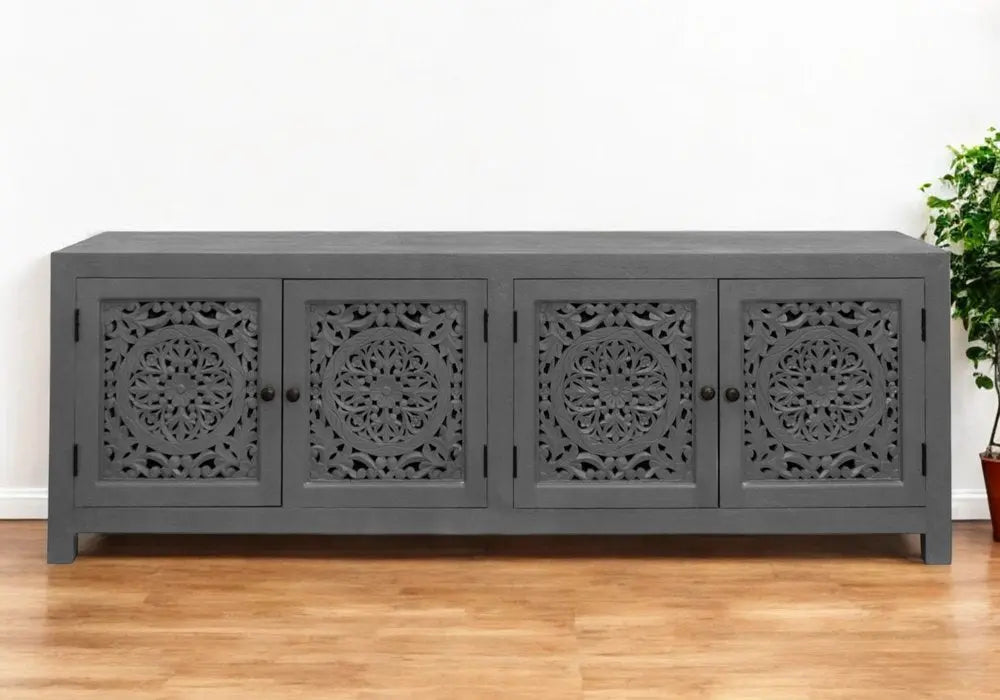 86" Dark Gray Carved Floral Distressed Solid Wood Enclosed Storage TV Stand - NOVA HOME FURNITURE