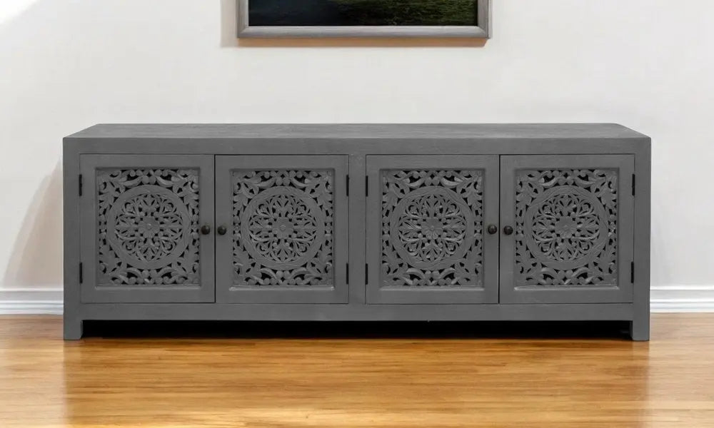86" Dark Gray Carved Floral Distressed Solid Wood Enclosed Storage TV Stand - NOVA HOME FURNITURE