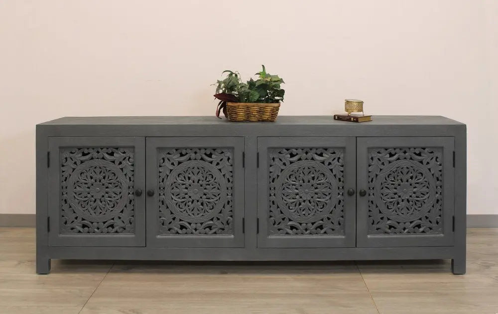 86" Dark Gray Carved Floral Distressed Solid Wood Enclosed Storage TV Stand - NOVA HOME FURNITURE