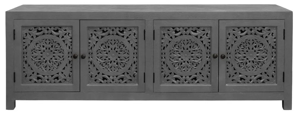 86" Dark Gray Carved Floral Distressed Solid Wood Enclosed Storage TV Stand - NOVA HOME FURNITURE