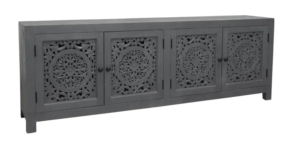 86" Dark Gray Carved Floral Distressed Solid Wood Enclosed Storage TV Stand - NOVA HOME FURNITURE