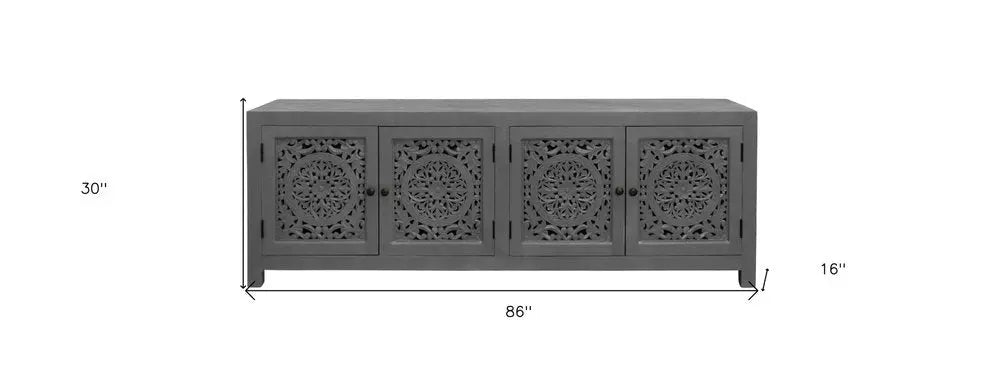 86" Dark Gray Carved Floral Distressed Solid Wood Enclosed Storage TV Stand - NOVA HOME FURNITURE