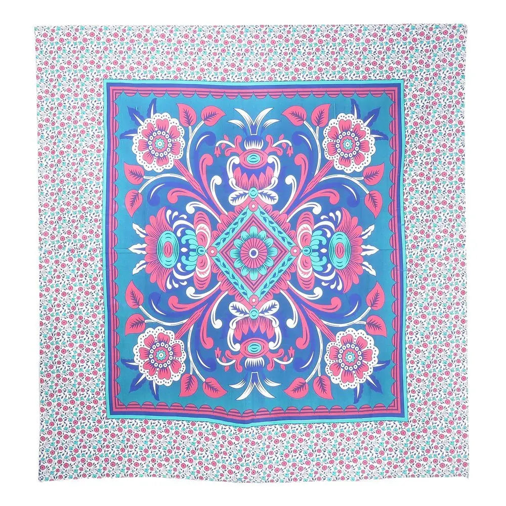 88" X 84" Blue Red And White Floral Cotton Hanging Tapestry - NOBLE HOME INTERIORS