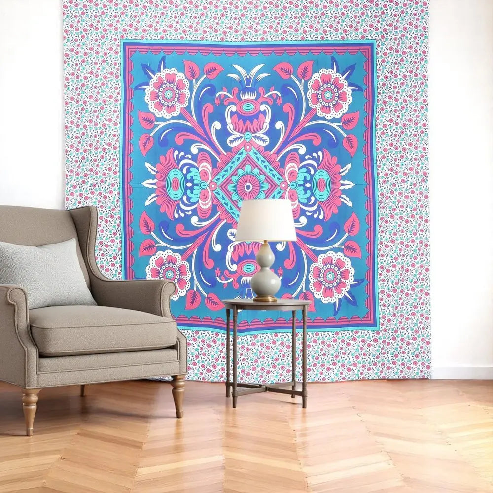 88" X 84" Blue Red And White Floral Cotton Hanging Tapestry - NOBLE HOME INTERIORS