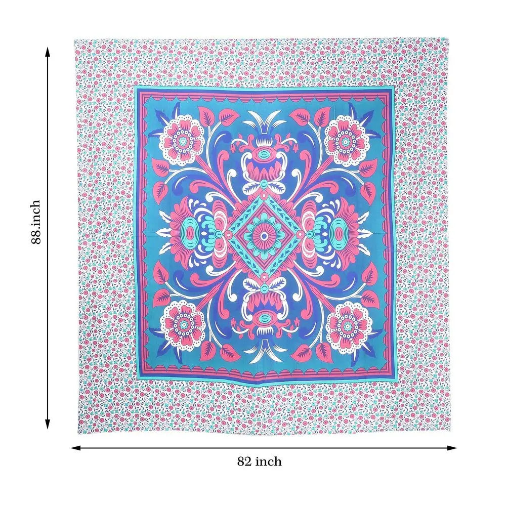 88" X 84" Blue Red And White Floral Cotton Hanging Tapestry - NOBLE HOME INTERIORS