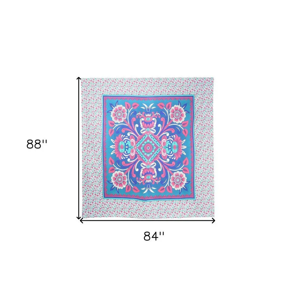 88" X 84" Blue Red And White Floral Cotton Hanging Tapestry - NOBLE HOME INTERIORS