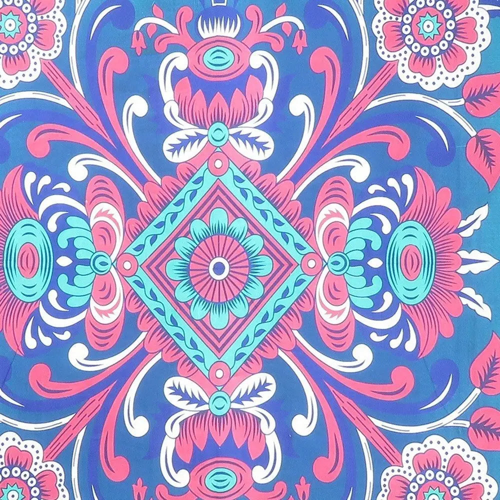 88" X 84" Blue Red And White Floral Cotton Hanging Tapestry - NOBLE HOME INTERIORS