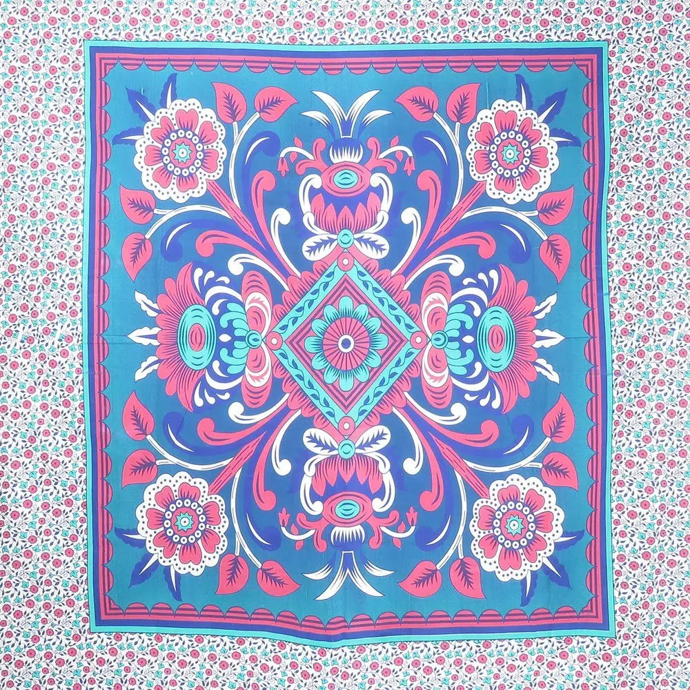 88" X 84" Blue Red And White Floral Cotton Hanging Tapestry - NOBLE HOME INTERIORS