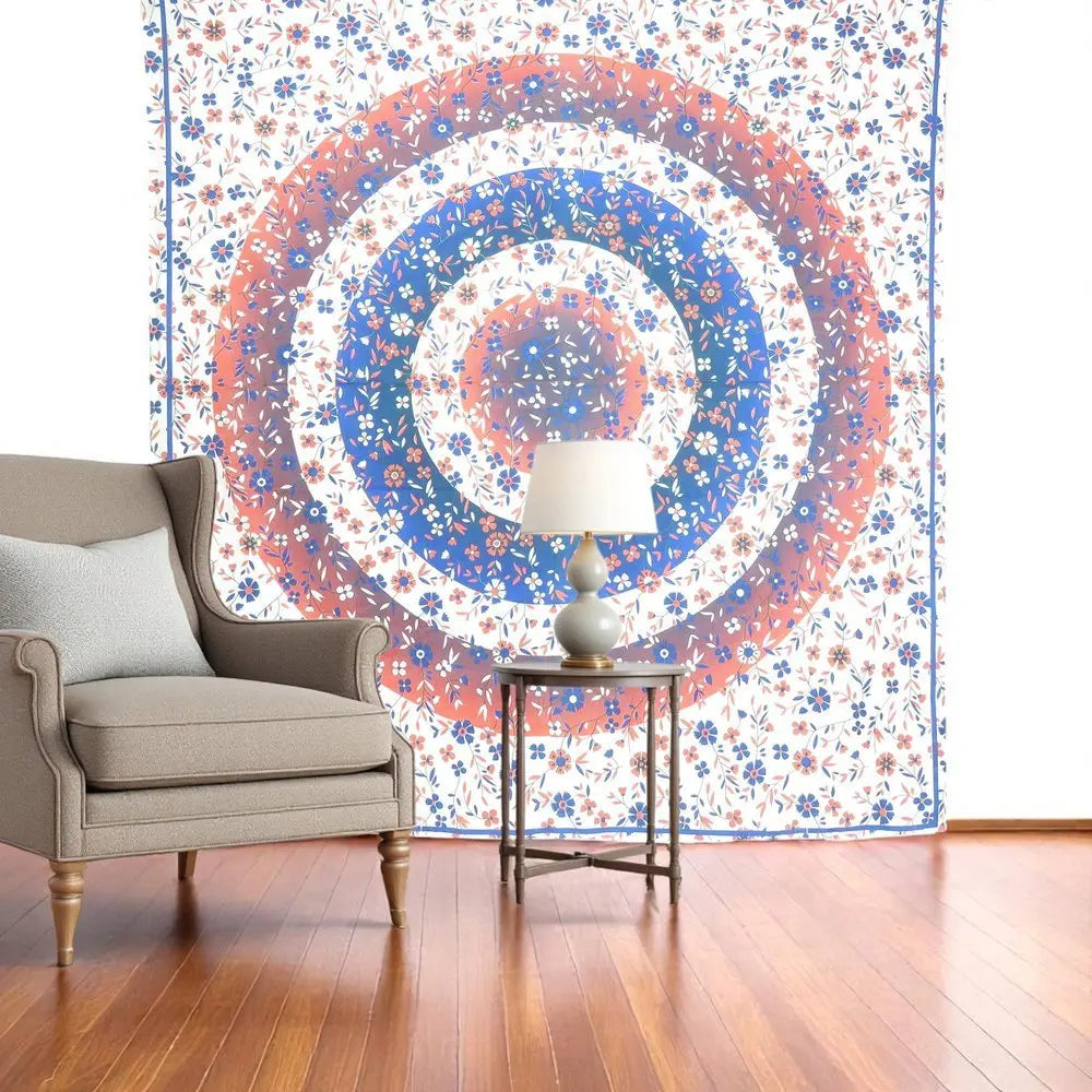 88" X 84" Blue White And Orange Floral Cotton Hanging Tapestry - NOBLE HOME INTERIORS
