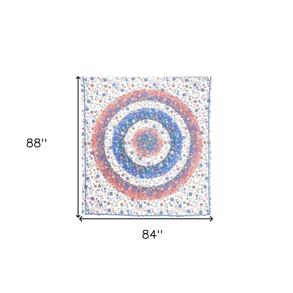 88" X 84" Blue White And Orange Floral Cotton Hanging Tapestry - NOBLE HOME INTERIORS