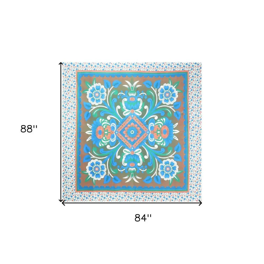 88" X 84" Brown Blue And White Floral Cotton Hanging Tapestry - NOBLE HOME INTERIORS