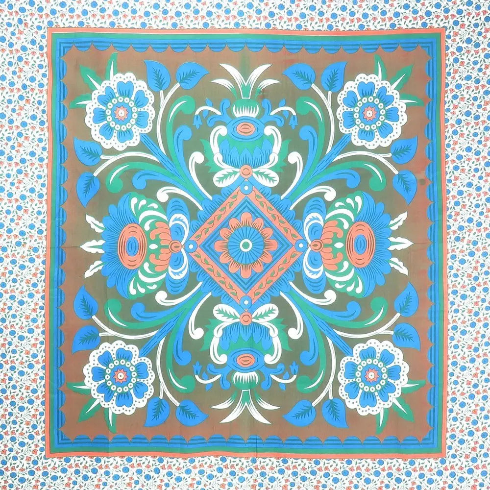88" X 84" Brown Blue And White Floral Cotton Hanging Tapestry - NOBLE HOME INTERIORS