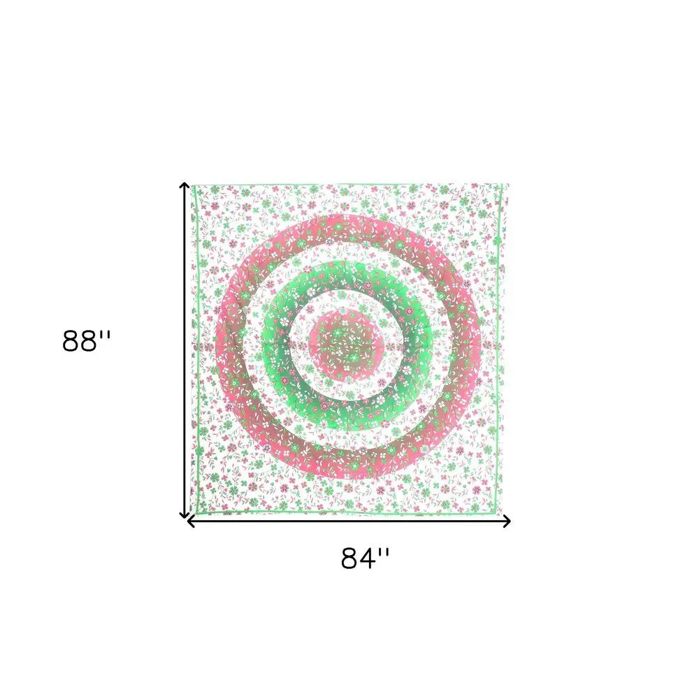 88" X 84" Green Red And White Floral Cotton Hanging Tapestry - NOBLE HOME INTERIORS