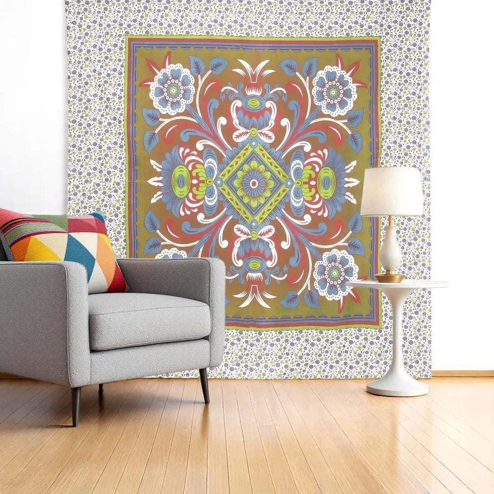 88" X 84" Green Red And White Floral Cotton Hanging Tapestry - NOBLE HOME INTERIORS