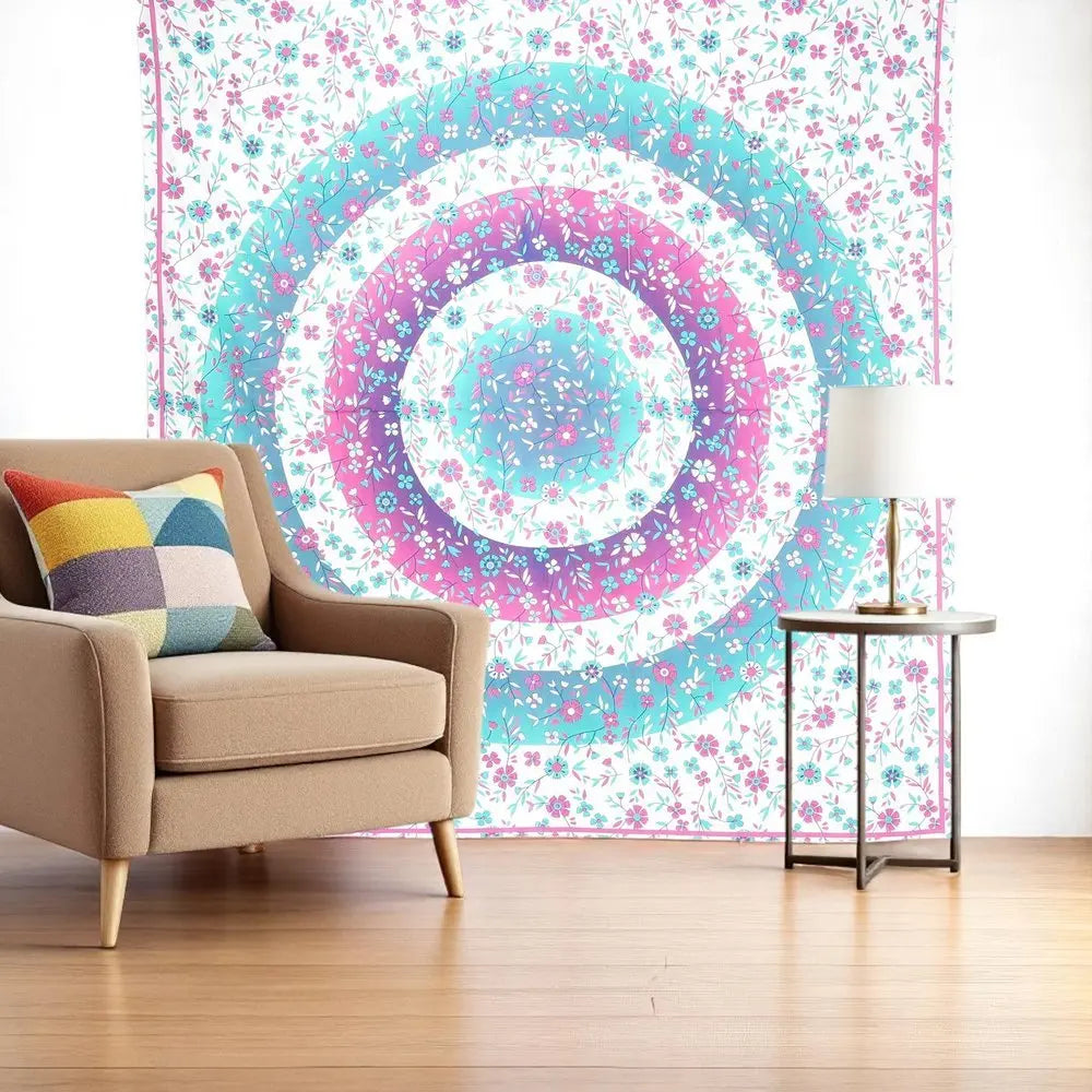 88" X 84" Pink Blue And White Floral Cotton Hanging Tapestry - NOBLE HOME INTERIORS