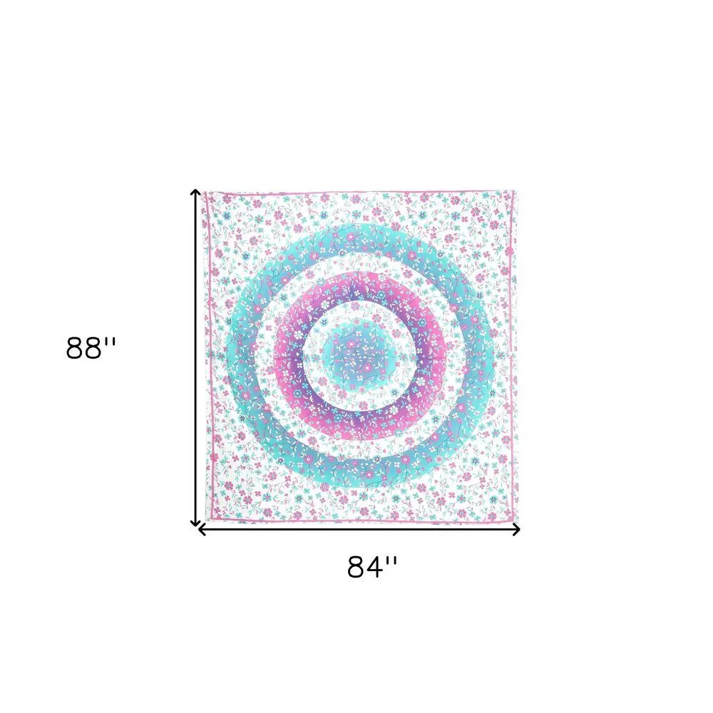 88" X 84" Pink Blue And White Floral Cotton Hanging Tapestry - NOBLE HOME INTERIORS