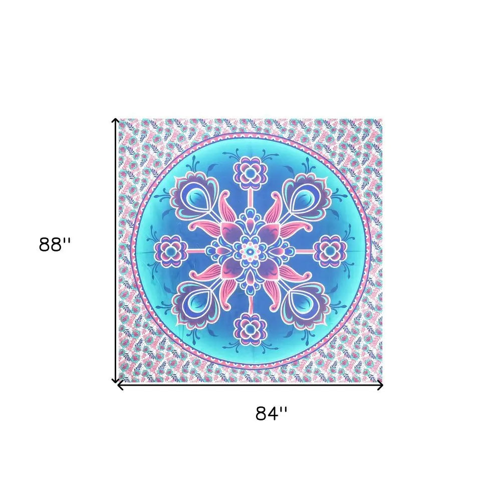 88" X 84" Pink Sky Blue And White Floral Cotton Hanging Tapestry - NOBLE HOME INTERIORS