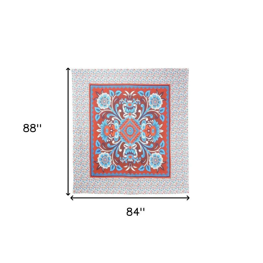 88" X 84" Red Blue And White Floral Cotton Hanging Tapestry - NOBLE HOME INTERIORS