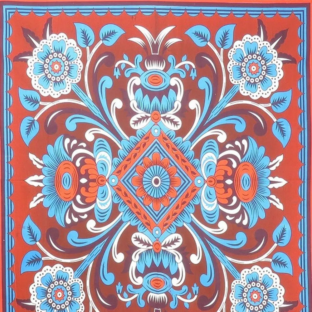 88" X 84" Red Blue And White Floral Cotton Hanging Tapestry - NOBLE HOME INTERIORS
