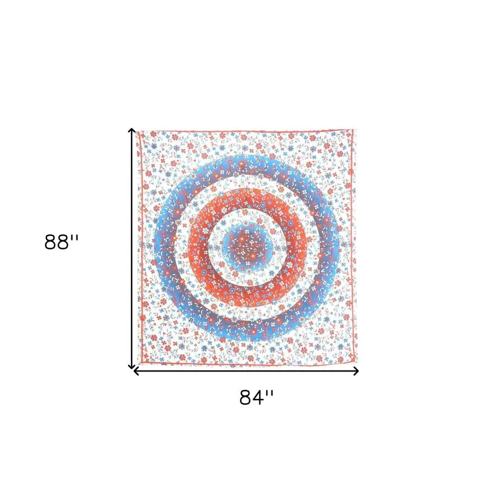 88" X 84" White Blue And Red Floral Cotton Hanging Tapestry - NOBLE HOME INTERIORS