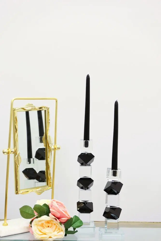 9" Black And Clear Crystal Tabletop Taper Candlestick - NOBLE HOME INTERIORS