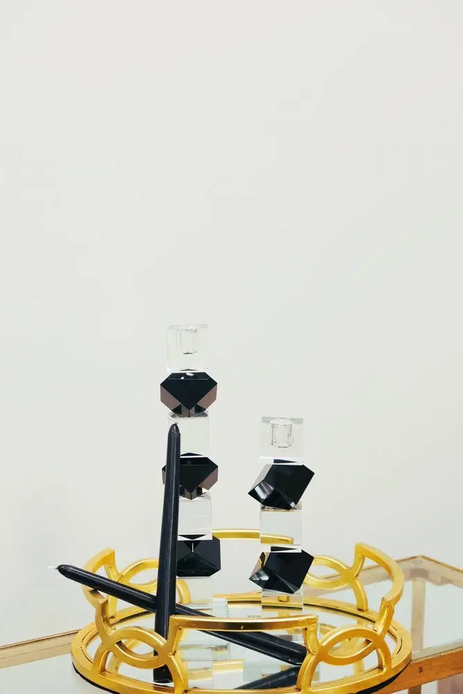 9" Black And Clear Crystal Tabletop Taper Candlestick - NOBLE HOME INTERIORS