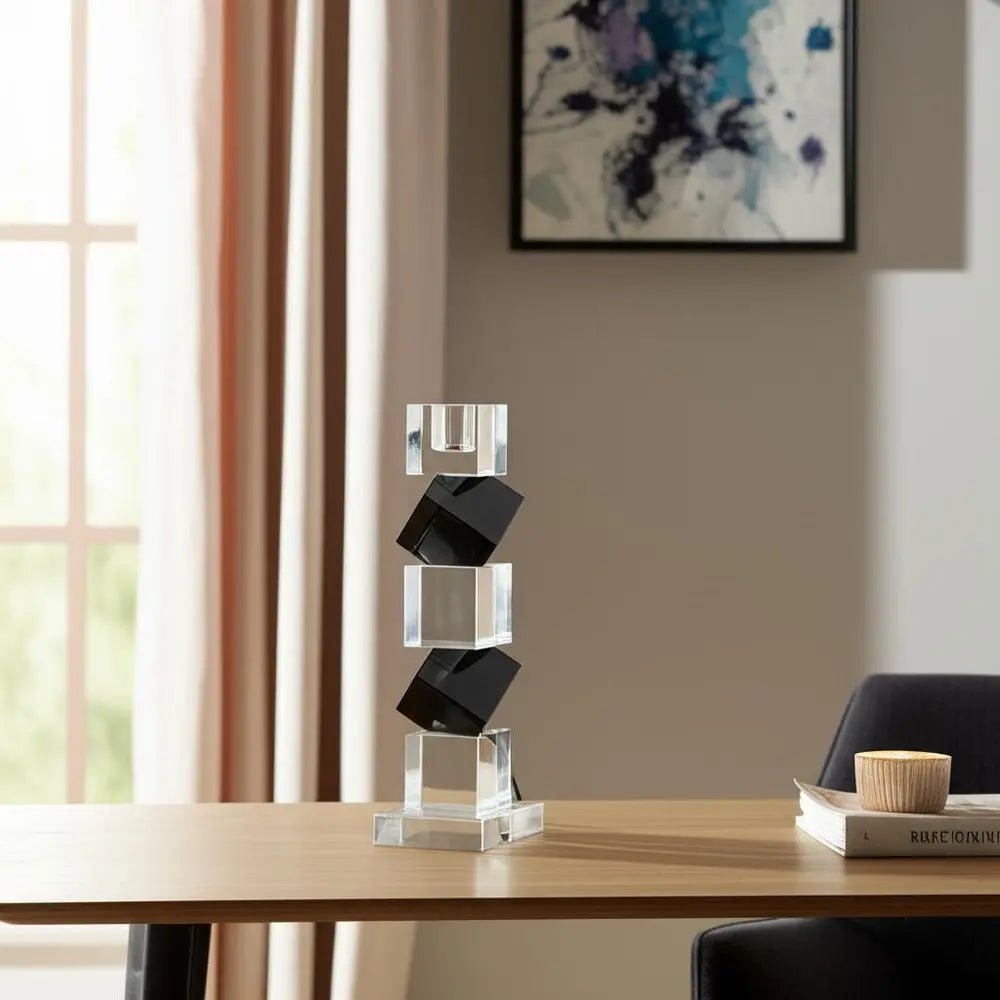 9" Black And Clear Crystal Tabletop Taper Candlestick - NOBLE HOME INTERIORS