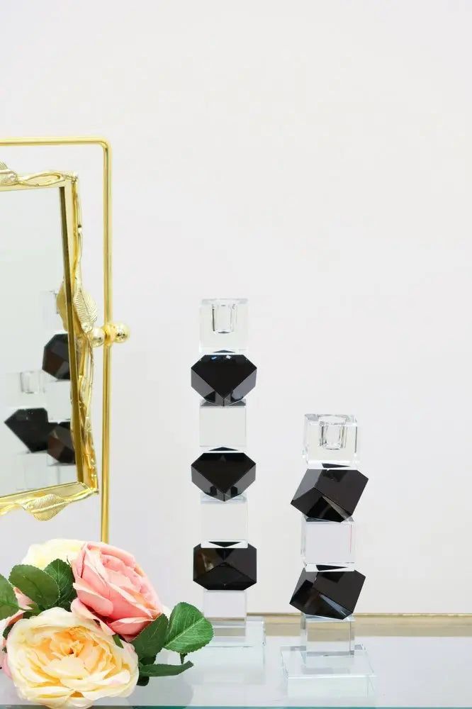 9" Black And Clear Crystal Tabletop Taper Candlestick - NOBLE HOME INTERIORS