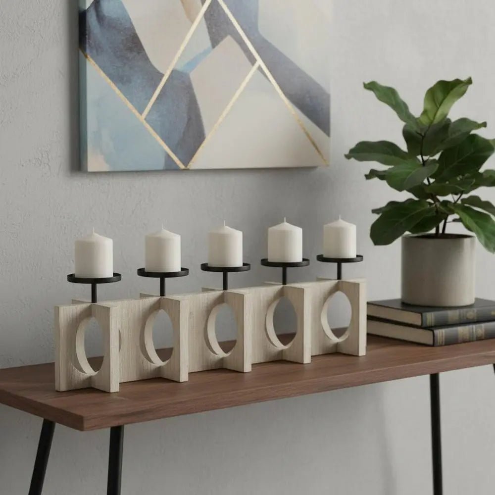 9" Black Distressed Geometric Solid Wood And Metal Tabletop Pillar Candle Holder HomeRoots