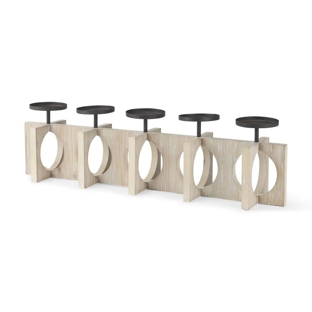 9" Black Distressed Geometric Solid Wood And Metal Tabletop Pillar Candle Holder HomeRoots