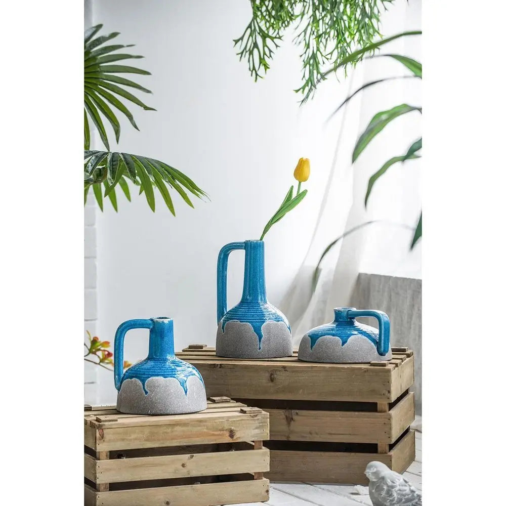 9" Blue and Gray Bud Ceramic Jug Vase With Does Not Apply - NOBLE HOME INTERIORS