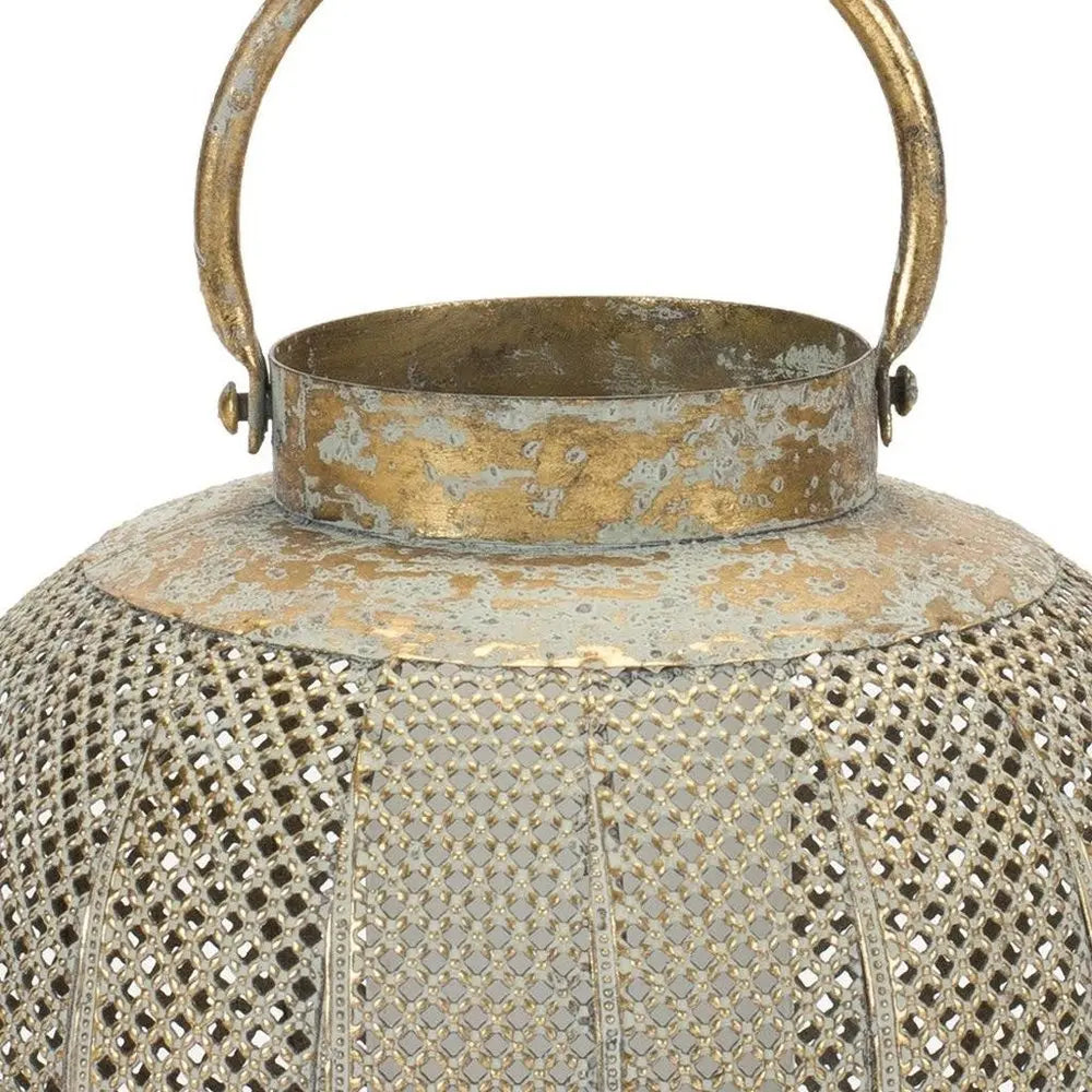 9" Bronze And Green Distressed Lattice Metal Tabletop Lantern Candle Holder - NOBLE HOME INTERIORS