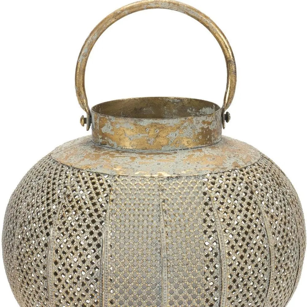 9" Bronze And Green Distressed Lattice Metal Tabletop Lantern Candle Holder - NOBLE HOME INTERIORS
