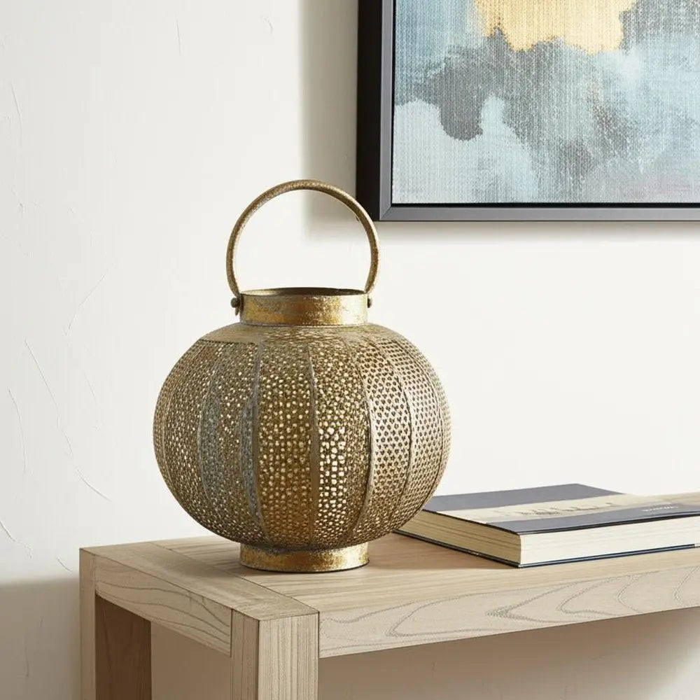 9" Bronze And Green Distressed Lattice Metal Tabletop Lantern Candle Holder - NOBLE HOME INTERIORS