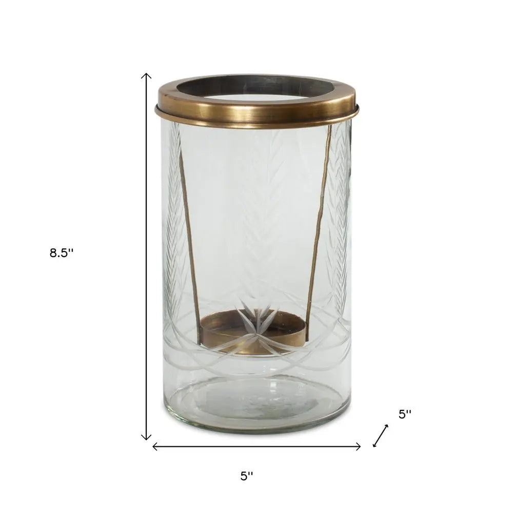 9" Clear And Gold Botanical Leaf Glass And Metal Tabletop Hurricane Candle Holder - NOBLE HOME INTERIORS