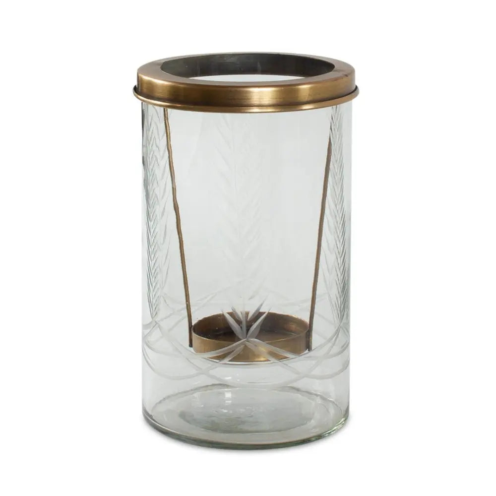 9" Clear And Gold Botanical Leaf Glass And Metal Tabletop Hurricane Candle Holder - NOBLE HOME INTERIORS