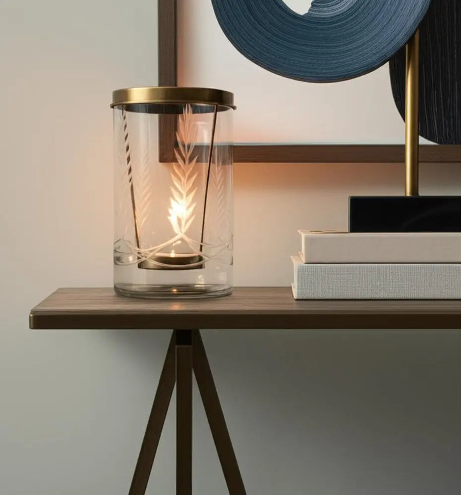 9" Clear And Gold Botanical Leaf Glass And Metal Tabletop Hurricane Candle Holder - NOBLE HOME INTERIORS