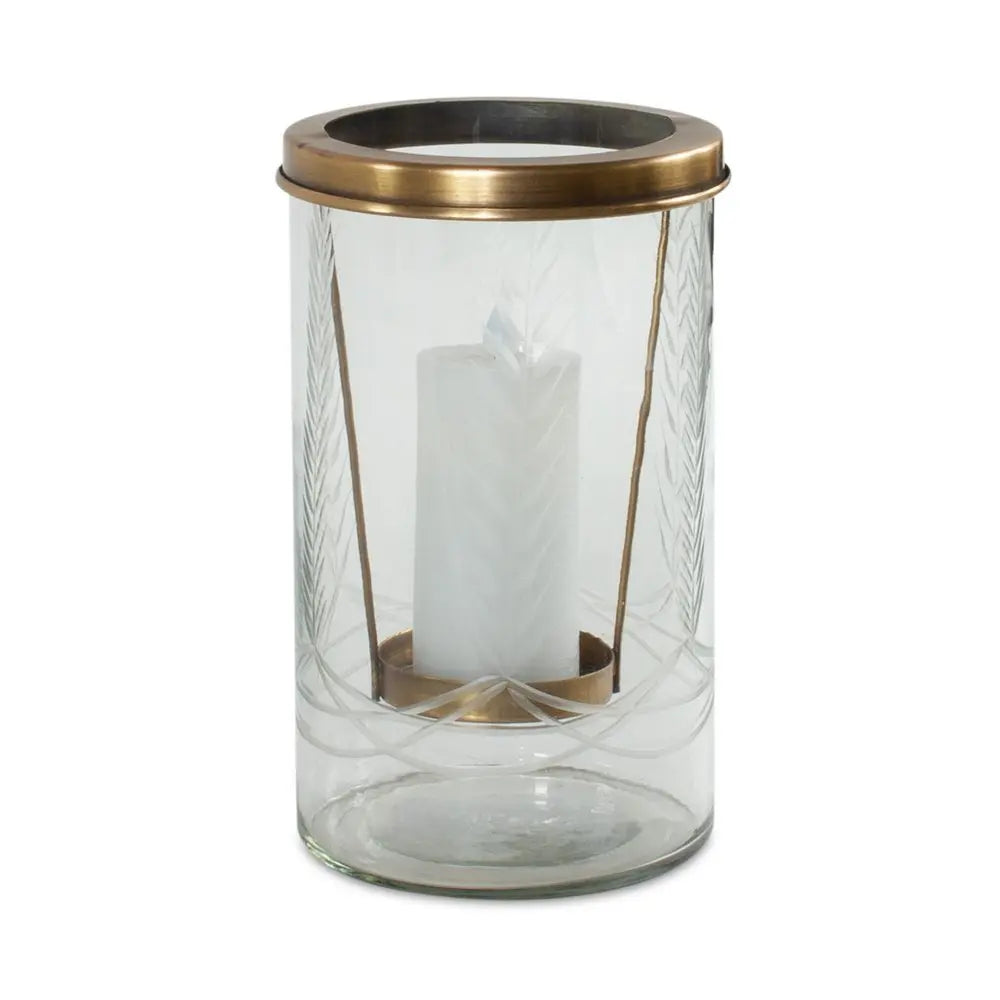 9" Clear And Gold Botanical Leaf Glass And Metal Tabletop Hurricane Candle Holder - NOBLE HOME INTERIORS