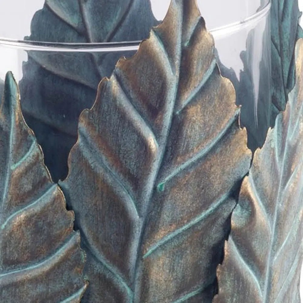 9" Green And Gold Distressed Botanical Leaf Metal And Glass Tabletop Hurricane Candle Holder HomeRoots