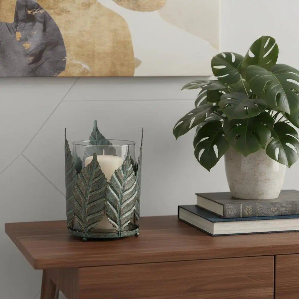 9" Green And Gold Distressed Botanical Leaf Metal And Glass Tabletop Hurricane Candle Holder HomeRoots